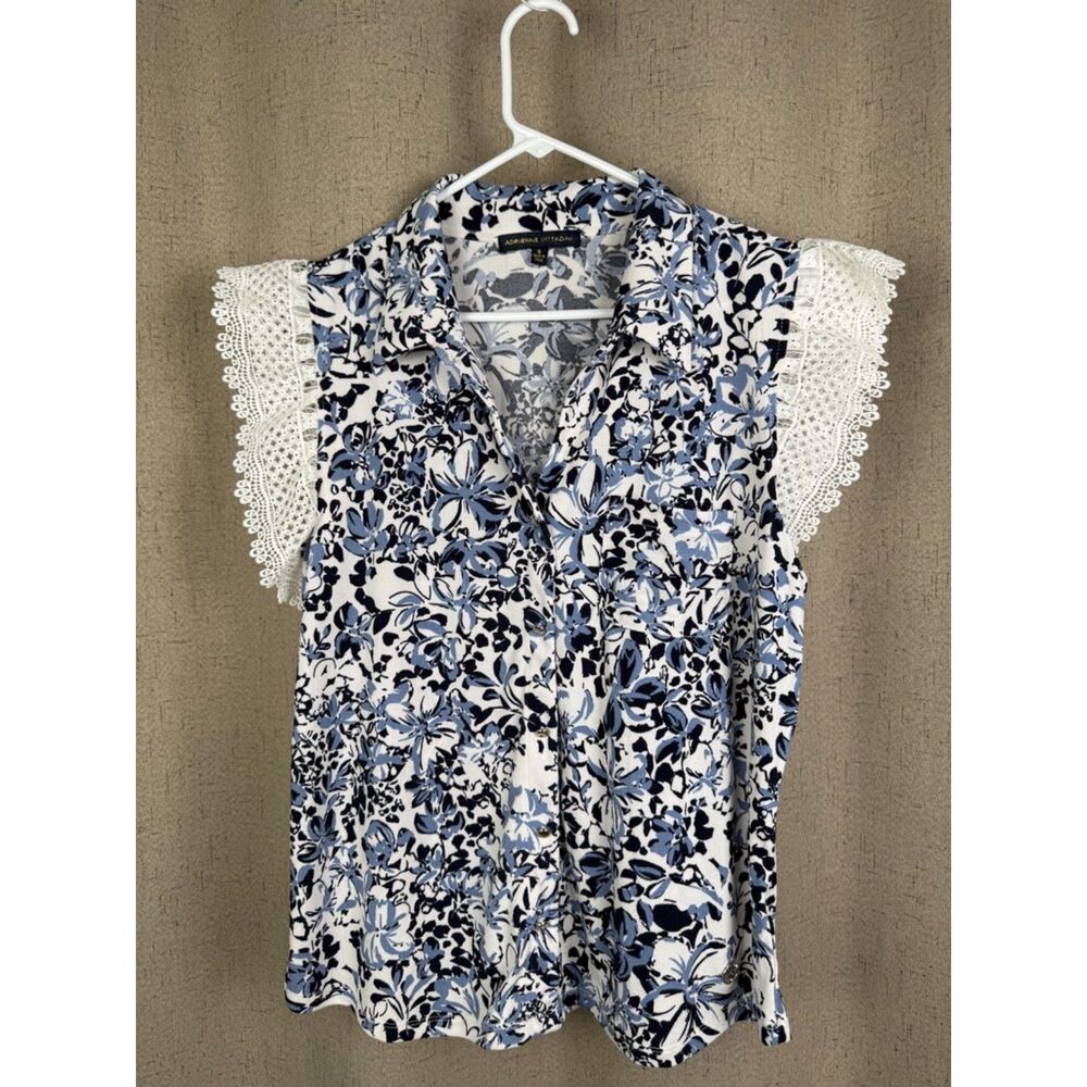 Adrienne Vittadini Floral Lace Sleeve‎ Button-Up Blouse | Blue & White | Size XL - Picture 3 of 4